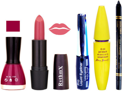 

Rythmx Peach Lipstick Mazanta Nail Polish With Black EyeLiner Zed Black Kajal and Volumisant Express MasCara EE(Set of 5)