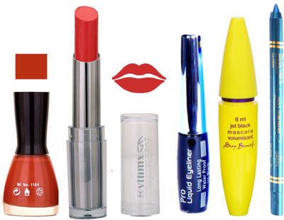 

Rythmx Intense Matte Red delight Shade Lipstick, Brownish Pink Nail Polish,Black Eyeliner,Mascara, And Turquoise Blue Kajal 607(Set of 5)