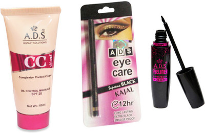

ADS CC Cream (SPF-20) / Eye Care Kajal / Waterproof Eyeliner(Set of 3)