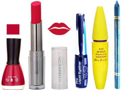 

Rythmx Intense Matte Royal Pink Shade Lipstick, Mauvish mazanta Nail Polish,Black Eyeliner,Mascara, And Turquoise Blue Kajal 614(Set of 5)