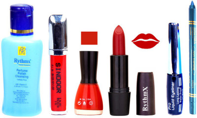 

Rythmx Pure Red Lipstick Red Nail Polish Remover Eye Liner Sindoor Turquoise Blue Kajal Combo Kit 8886(Set of 6)