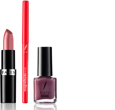 

Faces Go Chic Lipstick Candyfloss + Magneteyes Kajal+ Splash Nail Enamel Berry Truffle(Set of 3)