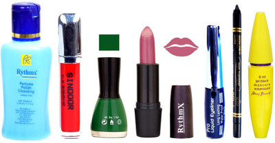 

Rythmx Royal Purple Lipstick Green Nail Polish Remover Eye Liner Sindoor Pro Non Transfer Black Kajal Maskara Combo Kit 2848(Set of 7)