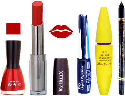 

Rythmx Intense Matte Red Shade Lipstick, Red Nail Polish,Black Eyeliner,Mascara, And Stay On Black Kajal 7298(Set of 5)