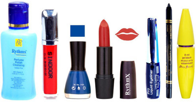 

Rythmx Glorious Red Lipstick Blue Nail Polish Remover Eye Liner Sindoor Pro Non Transfer Black Kajal Maskara Combo Kit 2802(Set of 7)