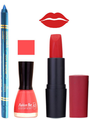 

Fashion Bar Nail Polish , otg Lipstick , Turquoise Blue Kajal Combo125(Set of 3)