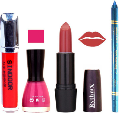

Rythmx Gajri Peach Lipstick Voilet Purple Shade Nail Polish Sindoor and Non Pro Transfer Turquoise Blue Kajal Combo kit 9921(Set of 4)
