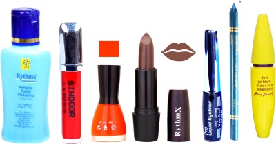 

Rythmx Brown Lipstick Orange Nail Polish Remover Skinny Liquid EyeLiner Sindoor Pro Non Transfer Turquoise Blue Kajal Bold Look Maskara Color Fever Kit 6866(Set of 7)