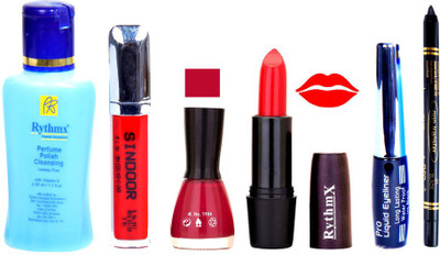

Rythmx Orange Lipstick Redish Pink Nail Polish Remover Eye Liner Sindoor Black Kajal Combo Kit 9829(Set of 6)
