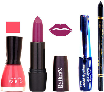 

Rythmx Pink Nail Polish Purple Lipstick With Eyeliner and Pro Non Transfer Black Kajal 68113(Set of 4)
