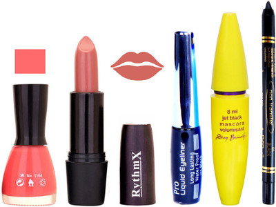 

Rythmx Peach Lipstick Baby Pink Nail Polish With Black EyeLiner Zed Black Kajal and Volumisant Express MasCara QQ(Set of 5)
