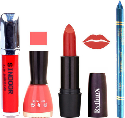 

Rythmx Glorious Red Lipstick Baby Pink Shade Nail Polish Sindoor and Non Pro Transfer Turquoise Blue Kajal Combo kit 9957(Set of 4)