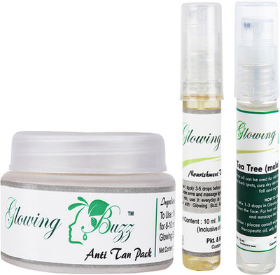 

Glowing Buzz Combo of 1 Natural Anti Tan Pack for Face, Dark Under Arms and Hands, 1 Nourishment Vitamin E Oil and Tea Tree Essential Oil(Set of 3)