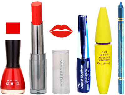 

Rythmx Intense Matte Orange Shade Lipstick, Orange Nail Polish,Black Eyeliner,Mascara, And Turquoise Blue Kajal 612(Set of 5)