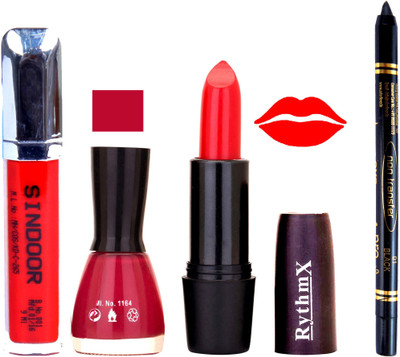 

Rythmx Orange Lipstick MauveNail Polish Non Transfer Black kajal Sindoor 161(Set of 4)