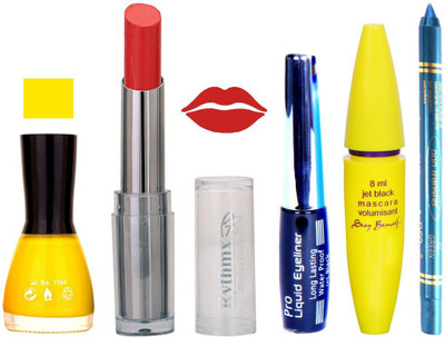 

Rythmx Intense Matte Red Delight Shade Lipstick, Yellow Nail Polish,Black Eyeliner,Mascara, And Turquoise Blue Kajal 58Turquoise Blue(Set of 5)
