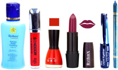 

Rythmx Mauve Lipstick Red Nail Polish Remover Eye Liner Sindoor Turquoise Blue Kajal Combo Kit 8885(Set of 6)