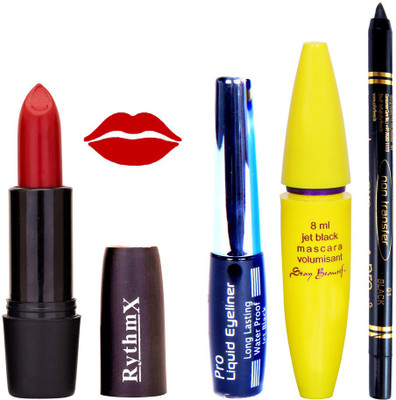 

Rythmx Frosty Red Lipstick Bold Look Eyeliner Black kajal Magnum Beauty Maskara Kit 10105(Set of 4)