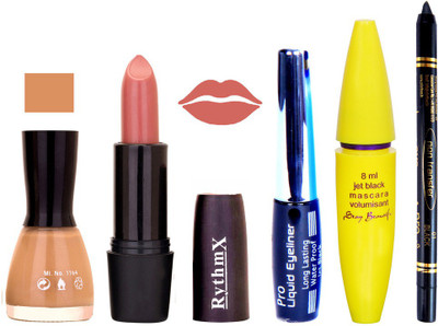 

Rythmx Rich Browny Purple Lipstick Musted Nail Polish With Black EyeLiner Zed Black Kajal and Volumisant Express MasCara RR(Set of 5)