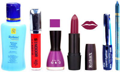 

Rythmx Mauve Lipstick Purple Nail Polish Remover Eye Liner Sindoor Turquoise Blue Kajal Combo Kit 8938(Set of 6)