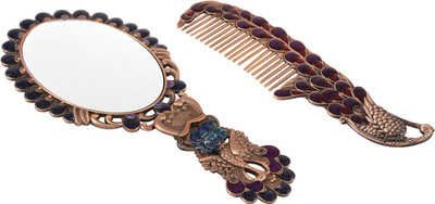 

Ear Lobe & Accessories Retro Portable Cosmetic Mirror and Comb Set, Brown Peacock