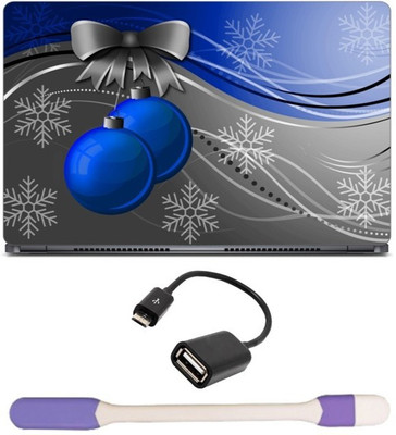 

Skin Yard Blue Christmas Ornaments Laptop Skin -14.1 Inch with USB LED Light & OTG Cable (Assorted) Combo Set