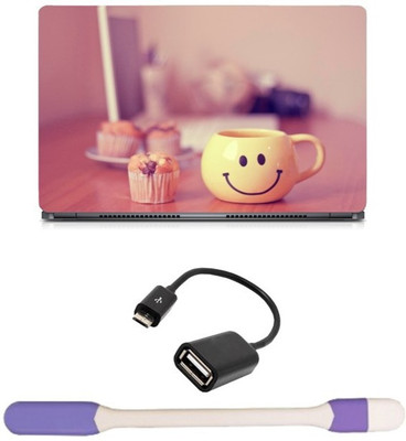 

Skin Yard Smiley Cup With Cup Cake Sparkle Laptop Skin -14.1 Inch with USB LED Light & OTG Cable (Assorted) Combo Set