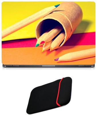 

Skin Yard Wooden Pencil With Colour Tip Sparkle Laptop Skin/Decal with Reversible Laptop Sleeve - 14.1 Inch Combo Set