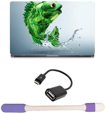 

Skin Yard Creative Green Fish Out of Water Sparkle Laptop Skin -14.1 Inch with USB LED Light & OTG Cable (Assorted) Combo Set