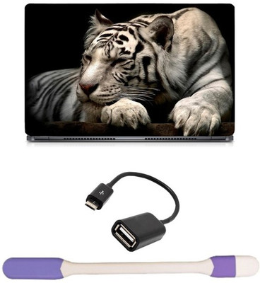 

Skin Yard Sleeping White Tiger Sparkle Laptop Skin -14.1 Inch with USB LED Light & OTG Cable (Assorted) Combo Set