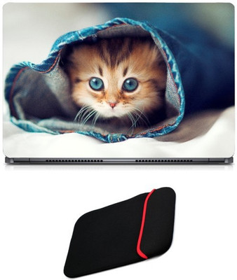 

Skin Yard Blue Eyes Cat in Jeans Sparkle Laptop Skin/Decal with Reversible Laptop Sleeve - 14.1 Inch Combo Set