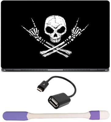 

Skin Yard White Skull on Black Background Laptop Skin -14.1 Inch with USB LED Light & OTG Cable (Assorted) Combo Set