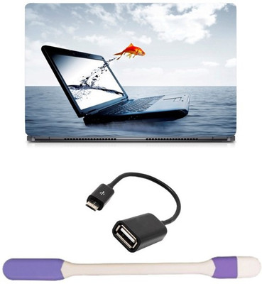 

Skin Yard Golden fish Jumping From Laptop Sparkle Laptop Skin -14.1 Inch with USB LED Light & OTG Cable (Assorted) Combo Set