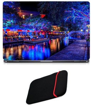 

Skin Yard Christmas Lights Boat Restaurant Laptop Skin/Decal with Reversible Laptop Sleeve - 14.1 Inch Combo Set