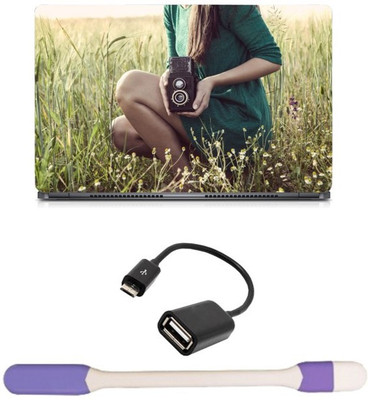 

Skin Yard Girl Holding Vintage Camera Sparkle Laptop Skin with USB LED Light & OTG Cable - 15.6 Inch Combo Set