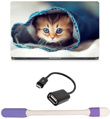 Skin Yard Blue Eyes Cat in Jeans Sparkle Laptop Skin -14.1 Inch with USB LED Light & OTG Cable (Assorted) Combo Set available at flipkart for Rs.278