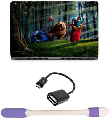 Skin Yard Giant Bear Attack Laptop Skin -14.1 Inch with USB LED Light & OTG Cable (Assorted) Combo Set