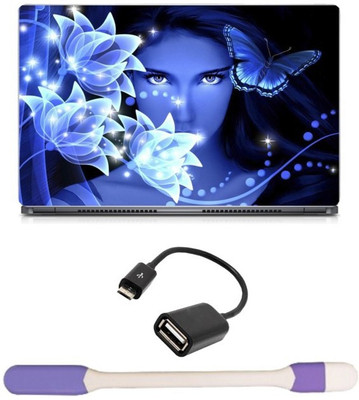 

Skin Yard Glowing Fantasy Girl with Butterfly Laptop Skin -14.1 Inch with USB LED Light & OTG Cable (Assorted) Combo Set