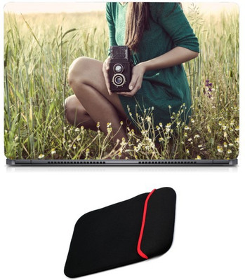 

Skin Yard Girl Holding Vintage Camera Sparkle Laptop Skin/Decal with Reversible Laptop Sleeve - 14.1 Inch Combo Set
