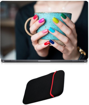 

Skin Yard Girl holds Cup with Coloured Nail Polish Sparkle Laptop Skin/Decal with Reversible Laptop Sleeve - 14.1 Inch Combo Set