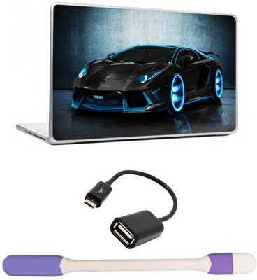 

Skin Yard Black Blue Car in Night Laptop Skin -14.1 Inch with USB LED Light & OTG Cable (Assorted) Combo Set