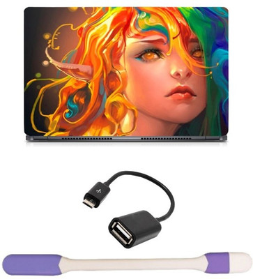 

Skin Yard Rainbow Hair Art Girl Potrait Laptop Skin -14.1 Inch with USB LED Light & OTG Cable (Assorted) Combo Set