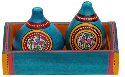 

Indikala Warli painted earthen salt n pepper shaker with wooden tray 3 Piece Salt & Pepper Set(Wooden, Earthenware)