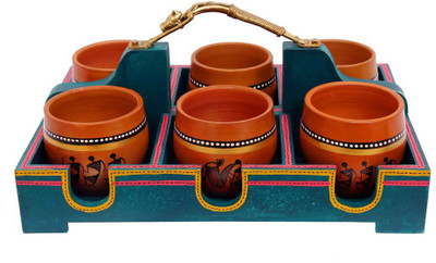 

INDIKALA Ethnic Wooden Tray With 6 Kullads and Dhokra Woman Handle 7 Piece Condiment Set(Wooden, Earthenware)