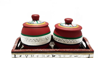 

Indikala Handpainted Jars with Ethnic Wooden Tray 2 Piece Condiment Set(Wooden)