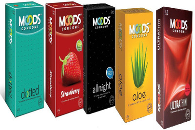 Moods ( Combo Pack of 5 ) All night, Aloe, Ultrathin, dotted ,Strawberry (60 S ) Condom(Set of 5, 60S)