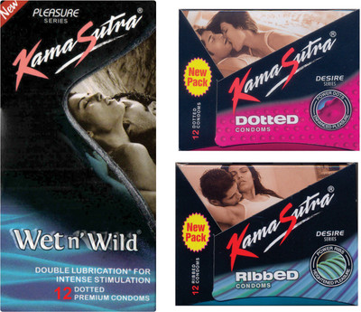Kamasutra Wet n Wild, Ribbed, Dotted Condom(Set of 3, 36 Sheets) Kamasutra Wet n Wild, Ribbed, Dotted Condom(Set of 3, 36 Sheets)