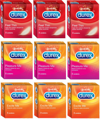 Flipkart - Durex Feel Thin, Pleasure Me & Excite Me Condom(Set of 9, 27S)