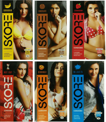 Skore Banana, Chocolate, Orange, Strawberry, Notout, Blue Condom(Set of 6, 60S)