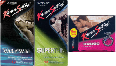 Kamasutra Ribbed, Superthin, Wet n Wild Condom(Set of 3, 36 Sheets)